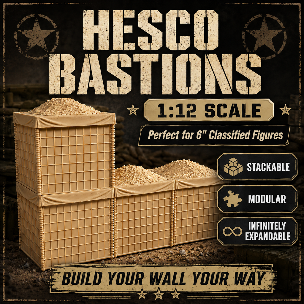 Classified-Scale Hesco Bastion Barrier Walls | Modular, Stackable Military Diorama Accessory for 1:12 scale 6" Figures