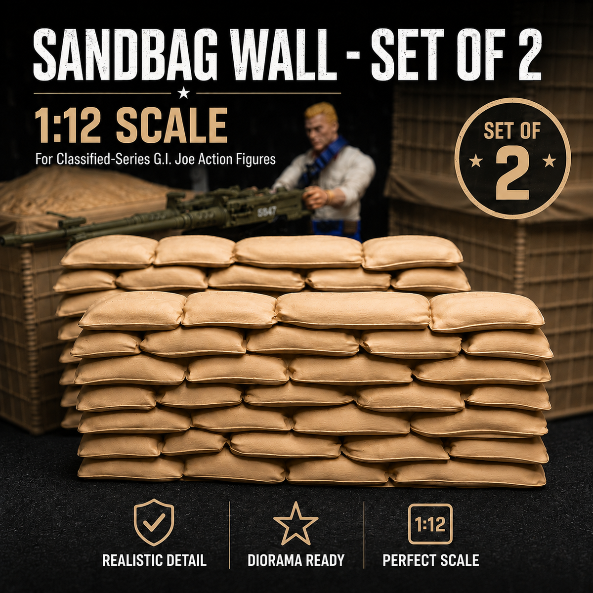 Classified-Scale Sandbag Walls – Set of 2 Diorama Barricades for 1:12 Scale 6" Action Figures