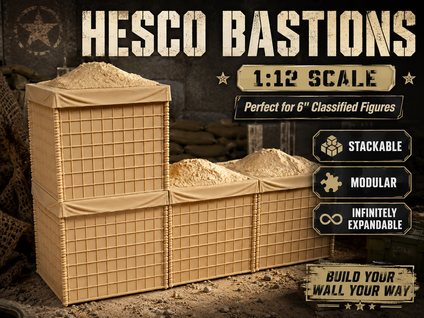 Classified-Scale Hesco Bastion Barrier Walls | Modular, Stackable Military Diorama Accessory for 1:12 scale 6" Figures